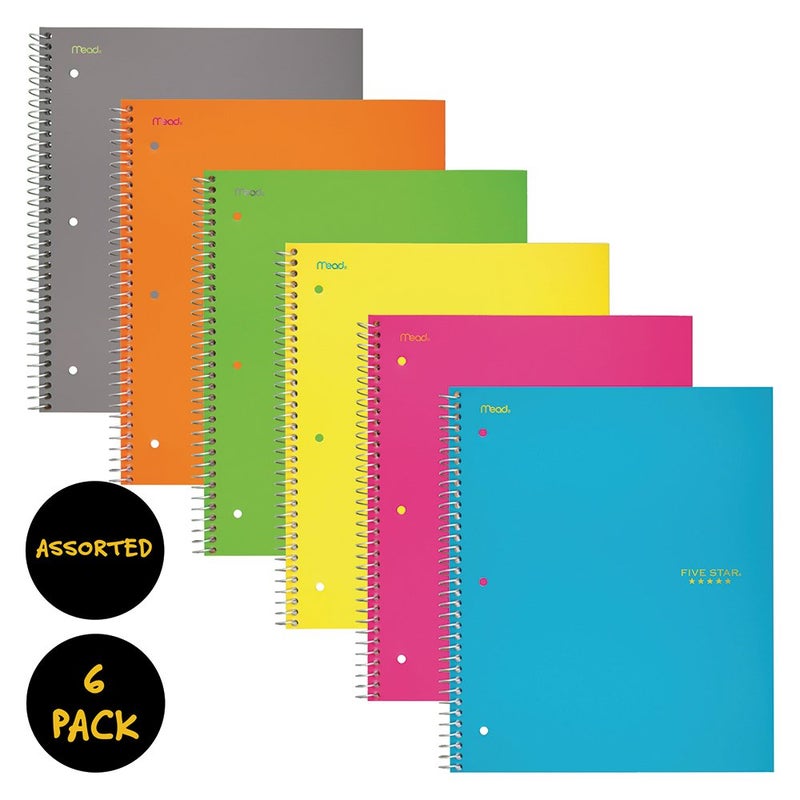 Five Star Spiral Notebooks, 3 Subject, Wide Ruled Paper, 150 Sheets, 10-1/2" x 8", Assorted Colors, 6 Pack (73449) - Image 2